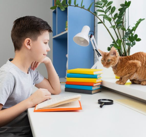 high-angle-boy-with-cat-reading